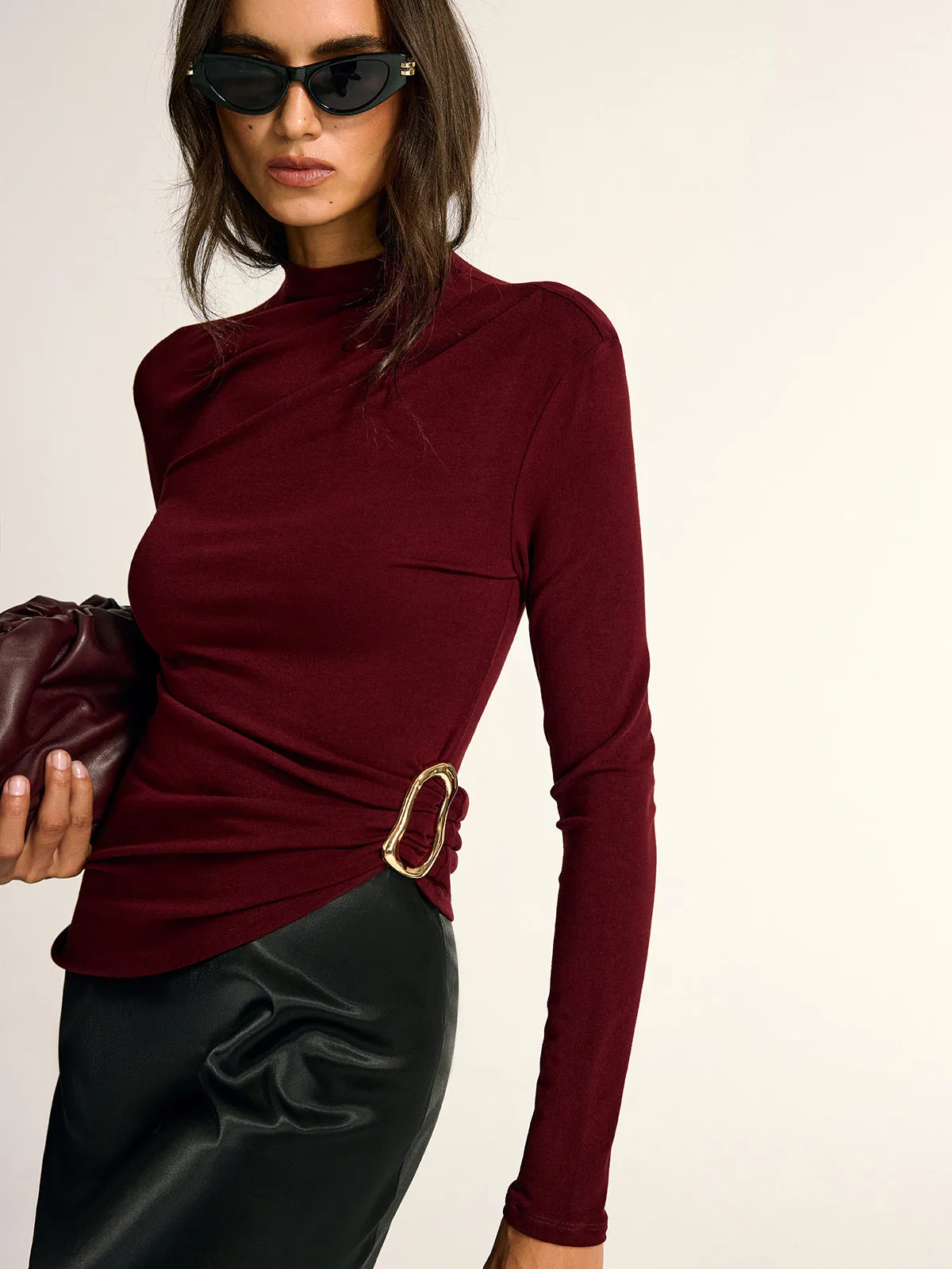 Metal Buckle Asymmetric Mock Neck Blouse sold by COMMENSE