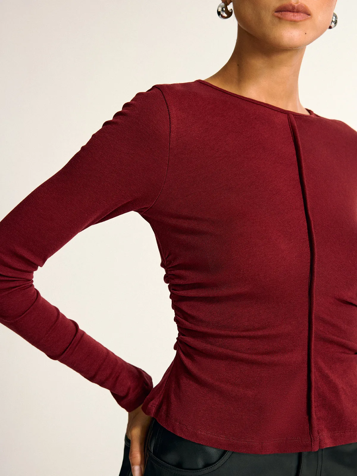 Wool Blend Ruched Long Sleeve T-Shirt sold by COMMENSE product image thumbnail 3