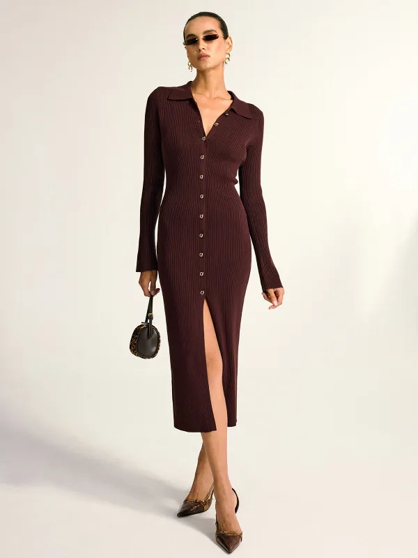 Metal Button Collar Ribbed Knit Midi Dress sold by COMMENSE