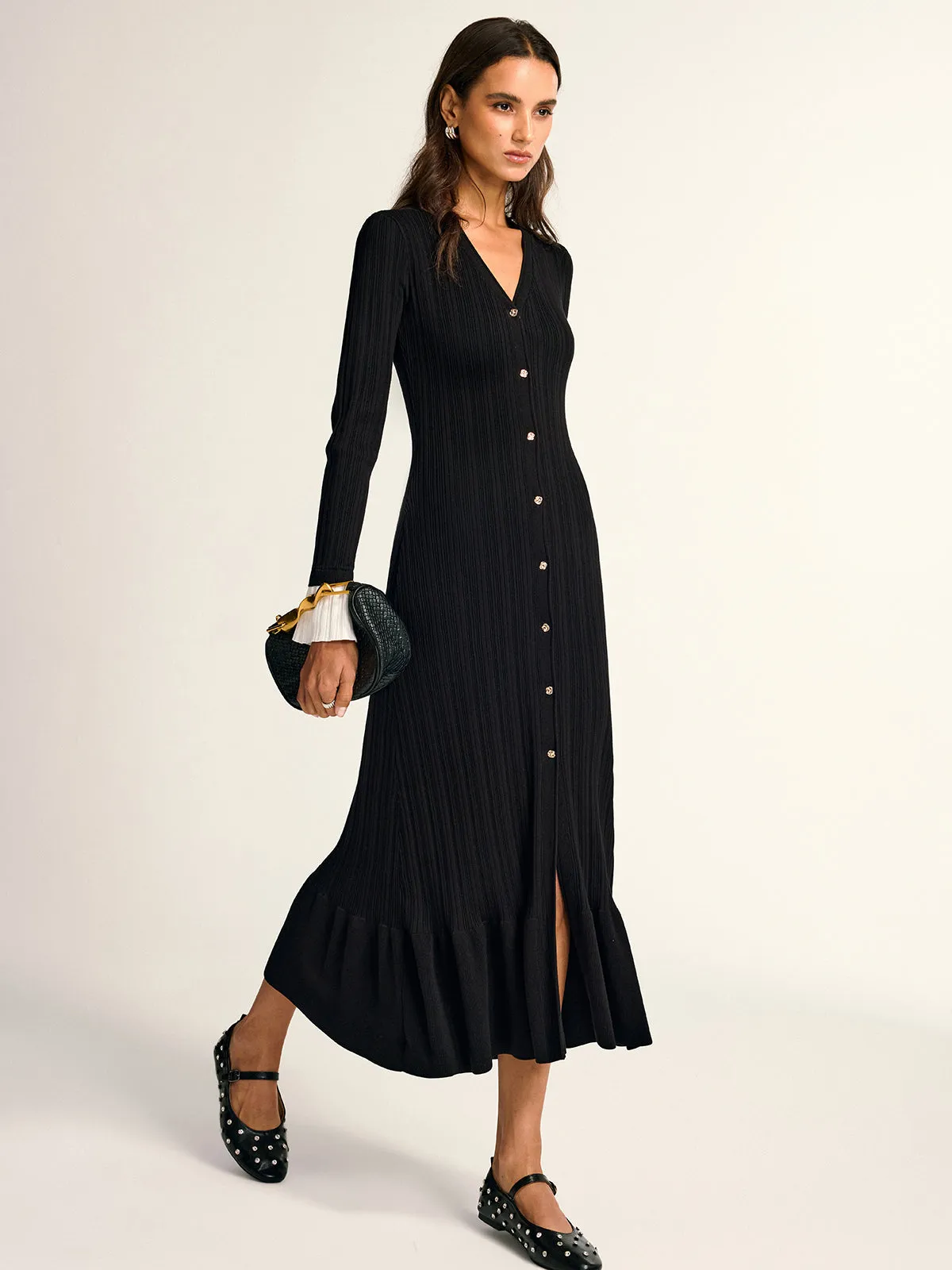 Ruffled Hem Button Front V-Neck Maxi Dress sold by COMMENSE