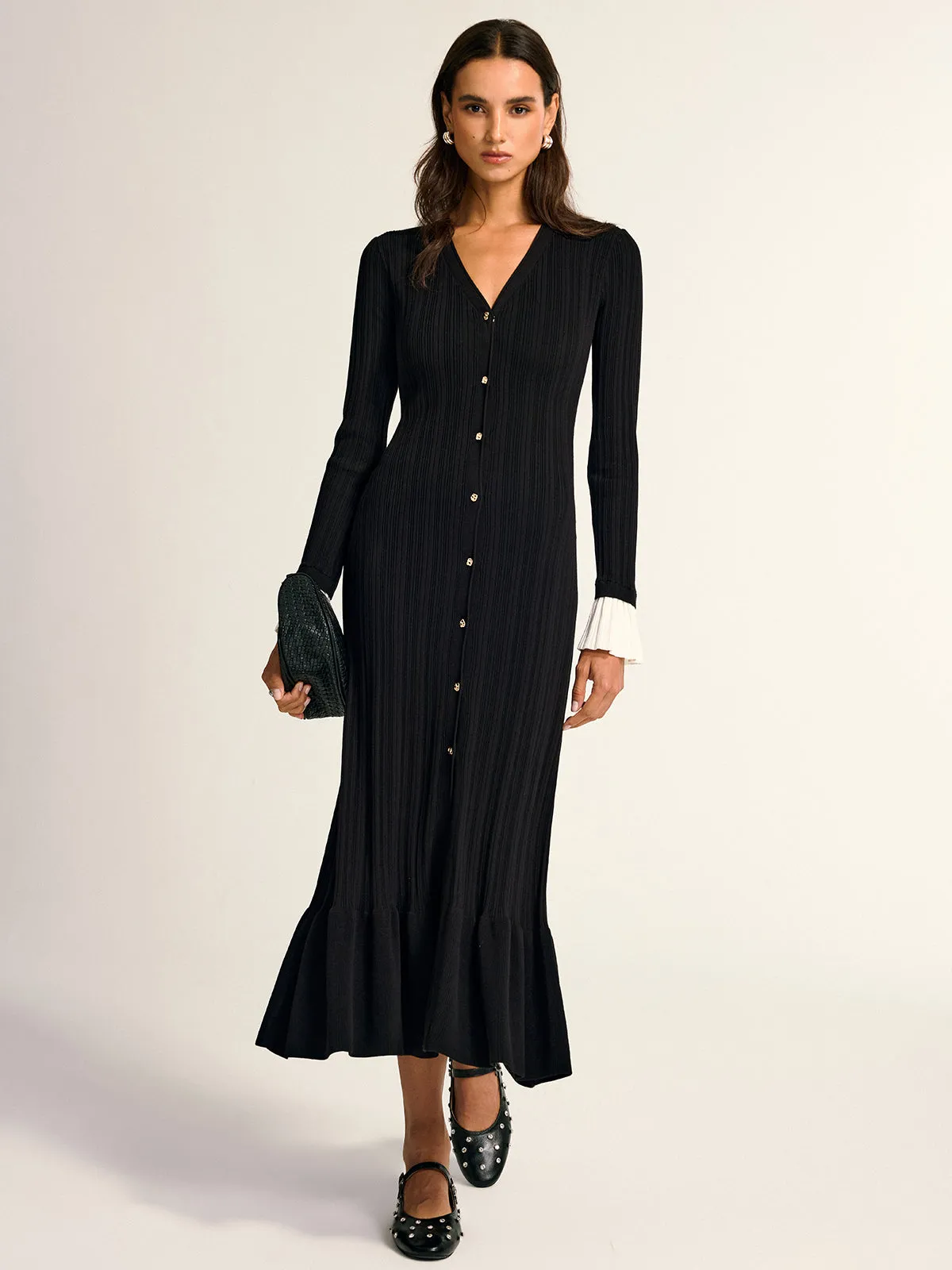 Ruffled Hem Button Front V-Neck Maxi Dress sold by COMMENSE product image thumbnail 3