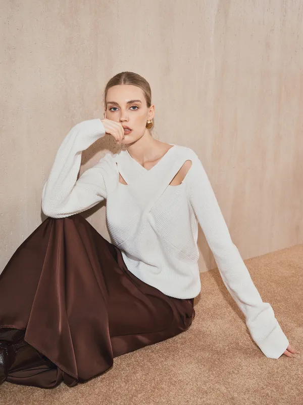 Cross-Over Collar Cut-Out Knit Sweater sold by COMMENSE