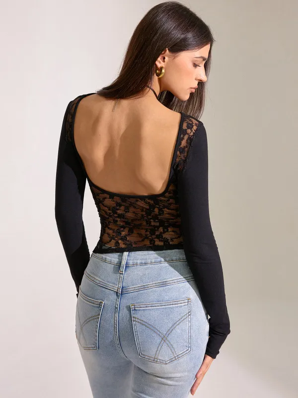 Long Sleeve Lace Backless T-Shirt sold by COMMENSE
