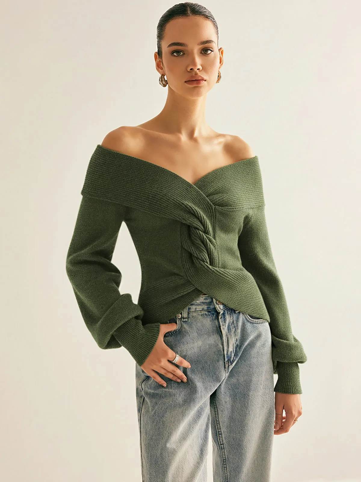Off-Shoulder Twist Knit Top sold by COMMENSE
