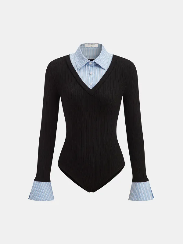 2 in 1 Striped Shirt Panel Ribbed Bodysuit sold by COMMENSE