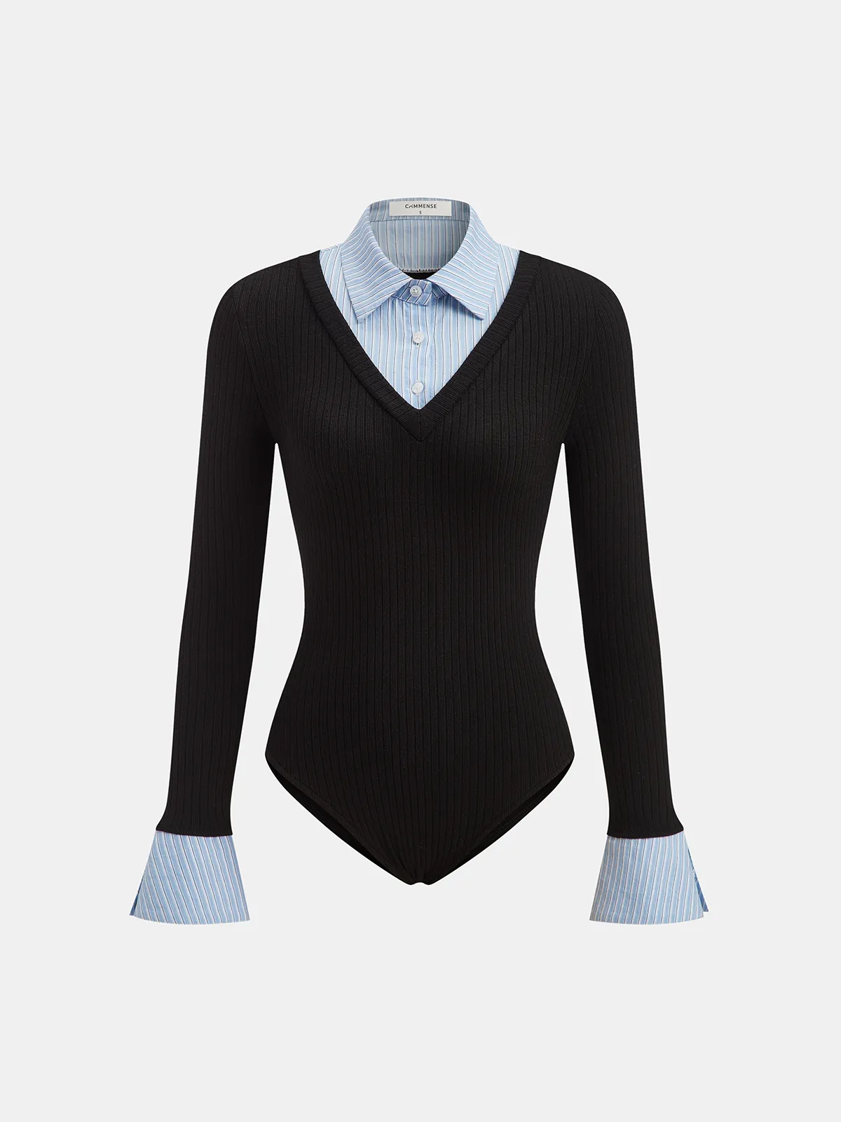 2 in 1 Striped Shirt Panel Ribbed Bodysuit sold by COMMENSE