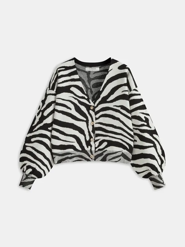 Zebra Print Puff Sleeve Cardigan sold by COMMENSE
