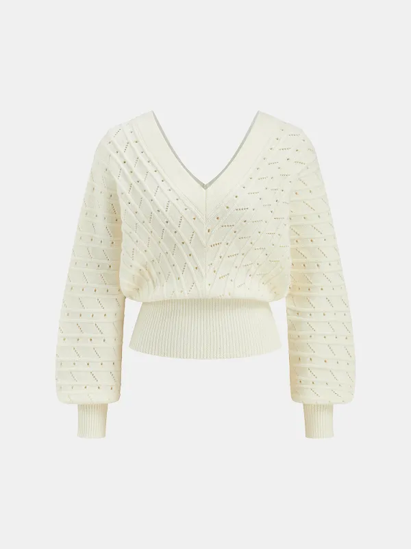 Textured Openwork V-Neck Lantern Sleeve Sweater sold by COMMENSE