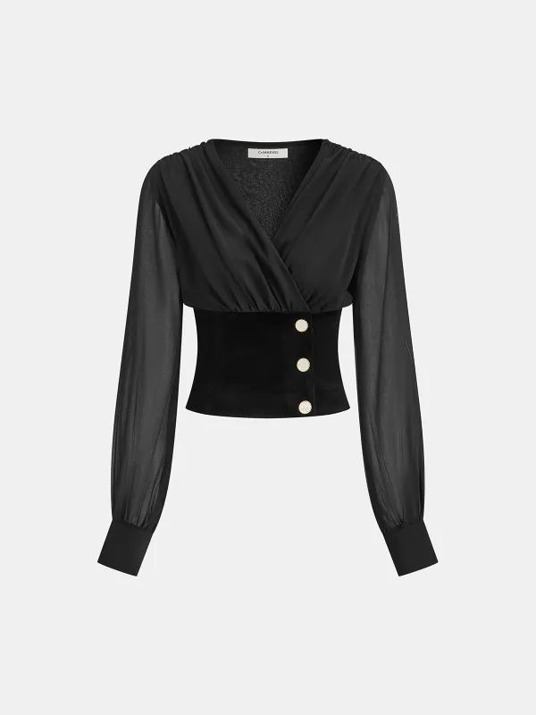 Velvet-Cinched V-Neck Chiffon Paneled Cropped Blouse sold by COMMENSE