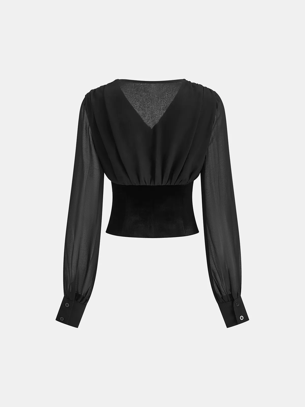 Velvet-Cinched V-Neck Chiffon Paneled Cropped Blouse sold by COMMENSE product image thumbnail 2