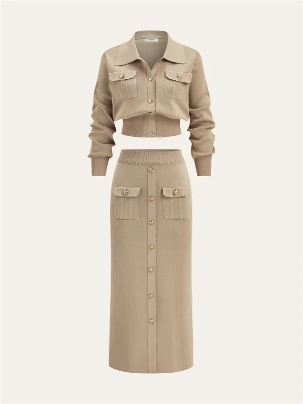 Metal Button Collared Cardigan and Midi Skirt Set sold by COMMENSE