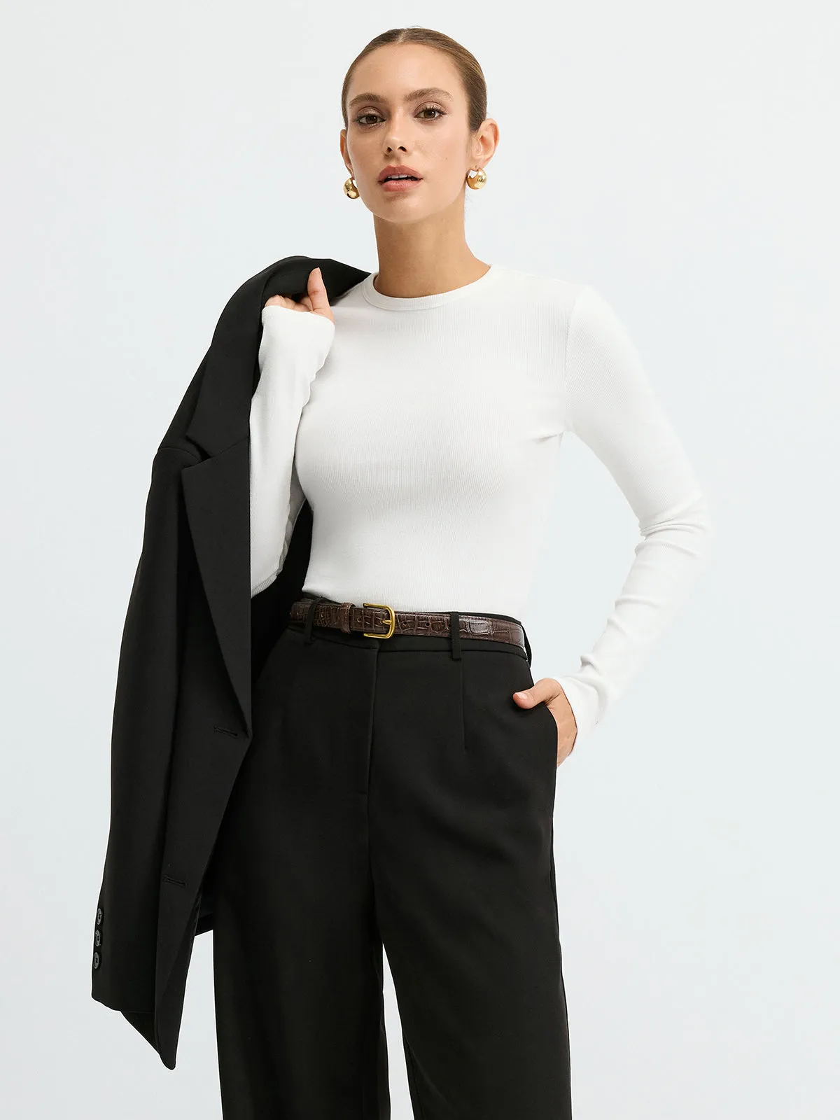 Ribbed Crew Neck Long Sleeve T-Shirt sold by COMMENSE product image thumbnail 3