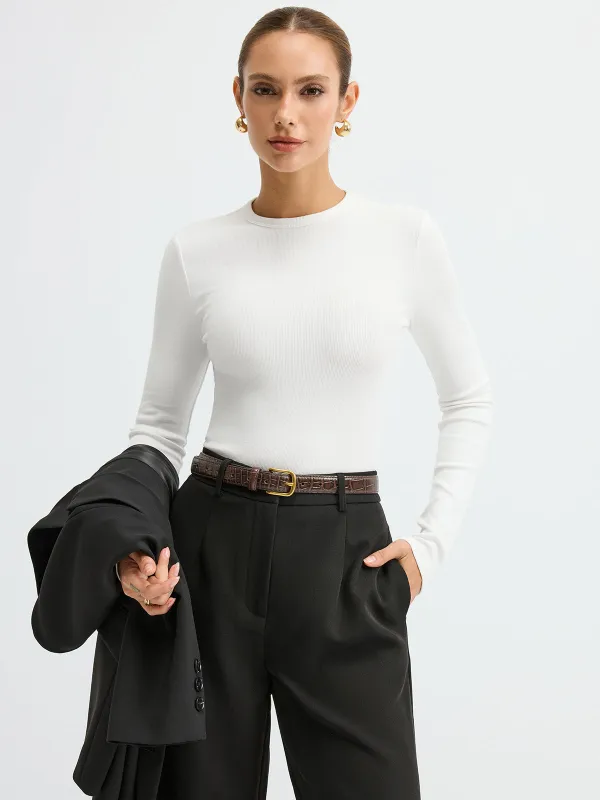 Ribbed Crew Neck Long Sleeve T-Shirt sold by COMMENSE