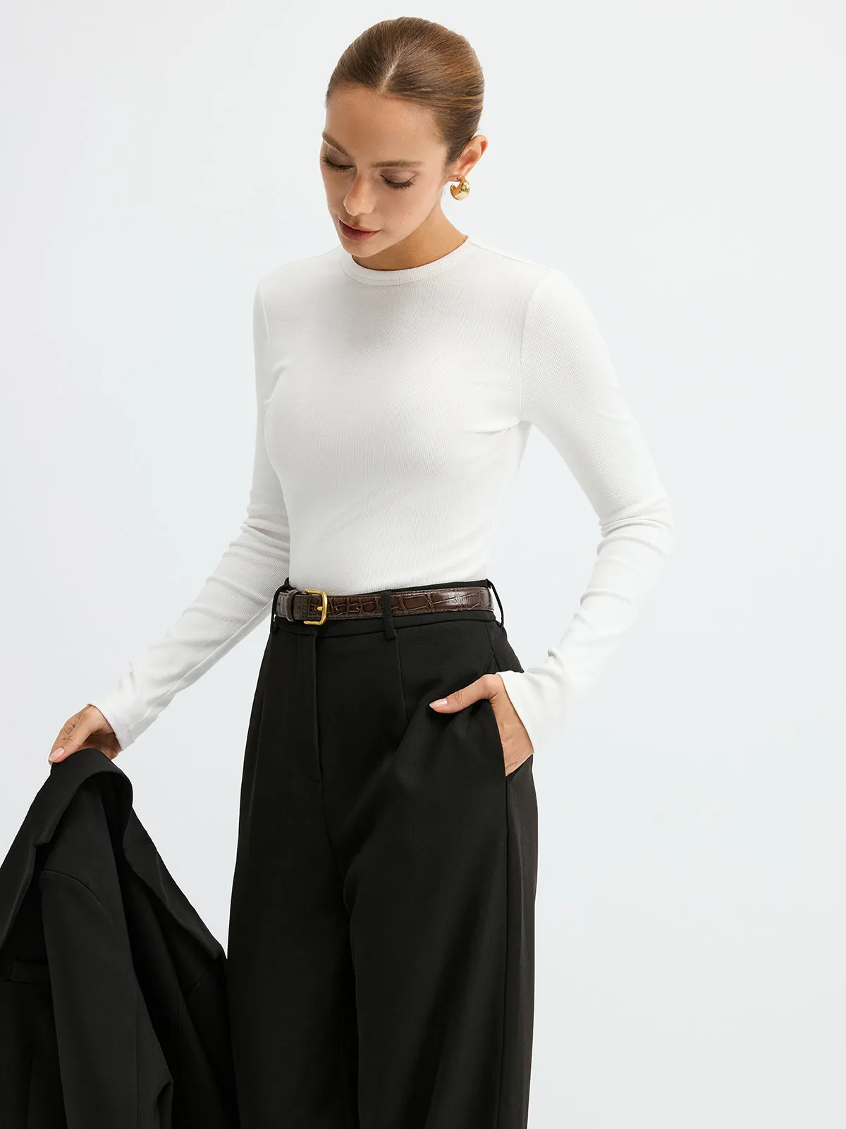 Ribbed Crew Neck Long Sleeve T-Shirt sold by COMMENSE product image thumbnail 5