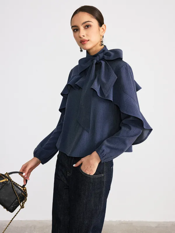 Tie Neck Ruffled Detail Faux Denim Shirt sold by COMMENSE