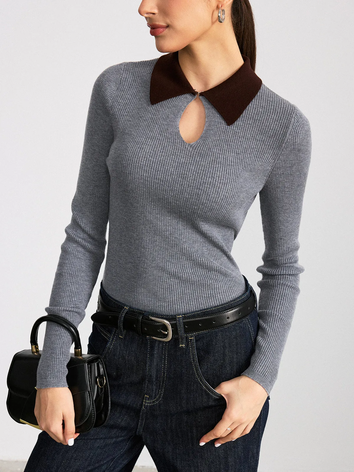 Contrast Collar Wool Blend Ribbed Knit Top sold by COMMENSE