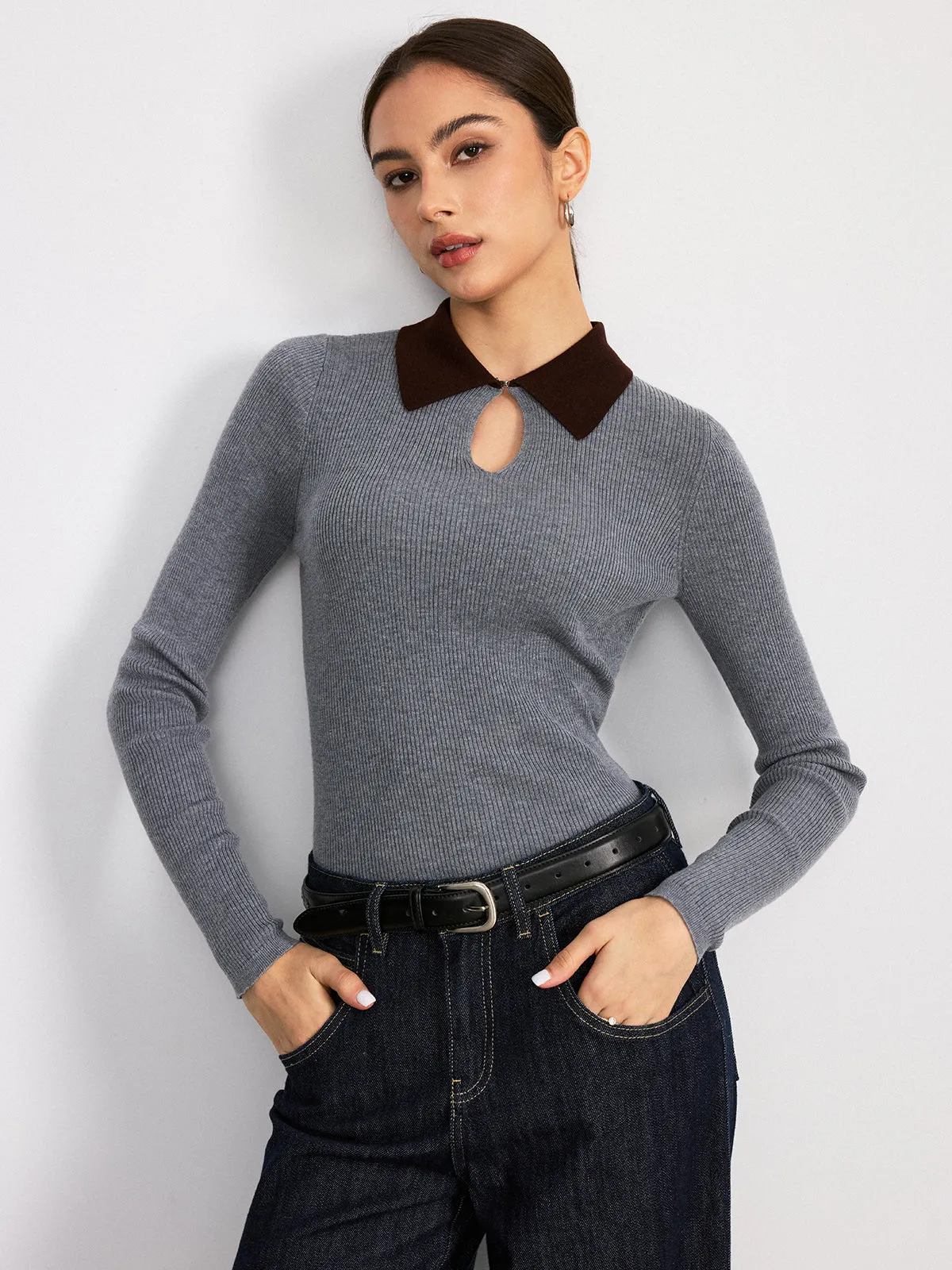 Contrast Collar Wool Blend Ribbed Knit Top sold by COMMENSE product image thumbnail 5