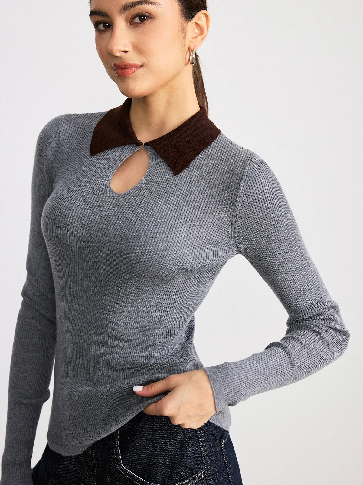 Contrast Collar Wool Blend Ribbed Knit Top sold by COMMENSE product image thumbnail 2