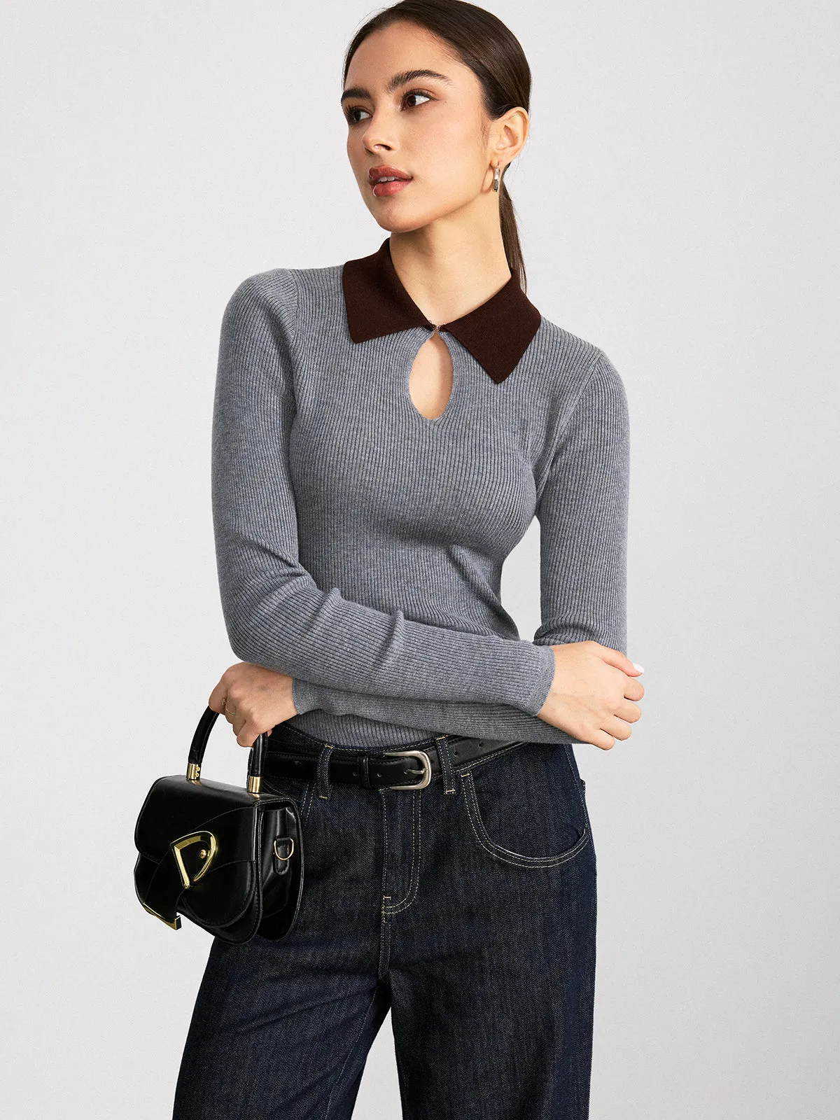 Contrast Collar Wool Blend Ribbed Knit Top sold by COMMENSE product image thumbnail 3