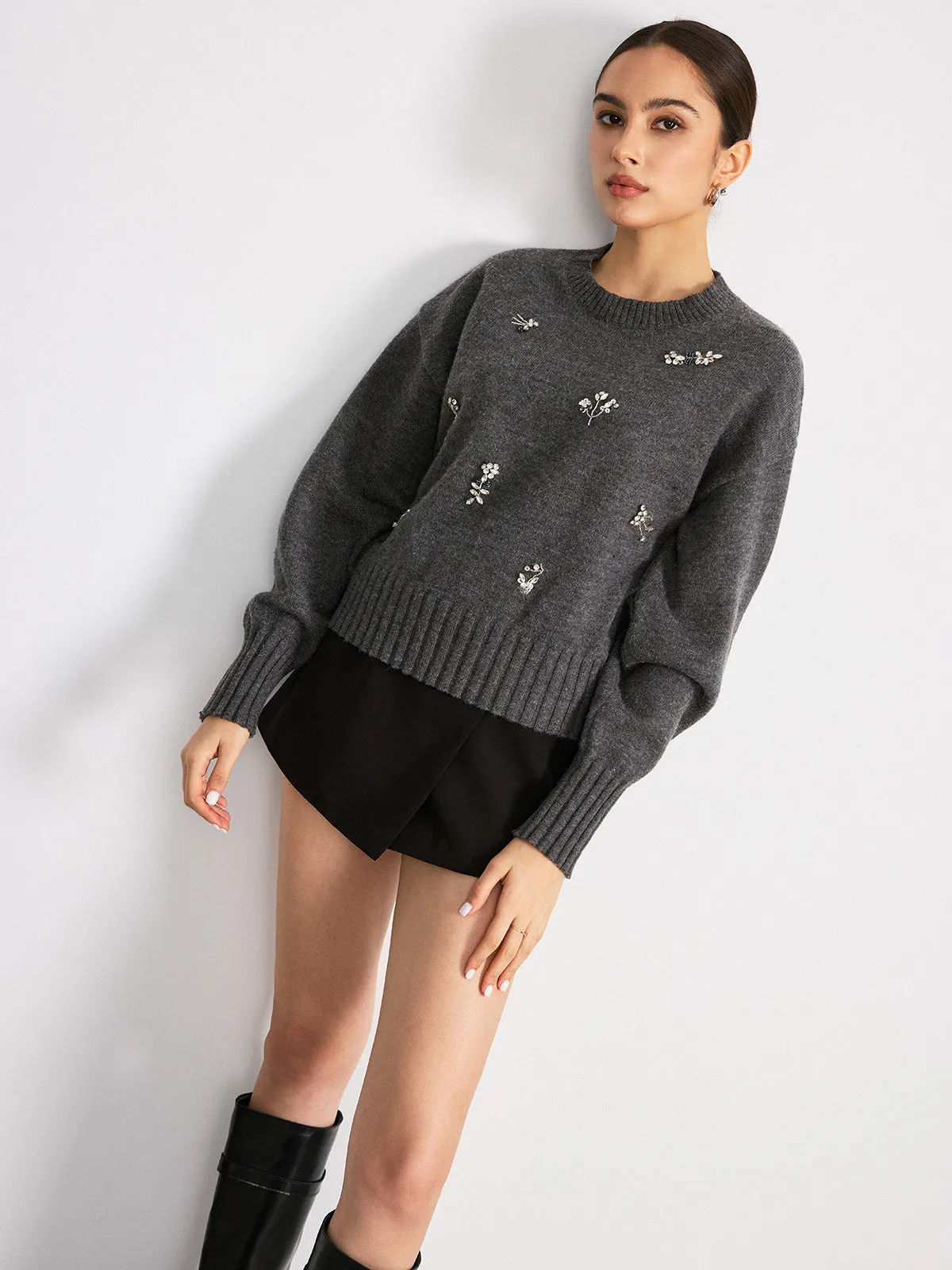 Crew Neck Sweater with Floral Crystal Embellishments sold by COMMENSE product image thumbnail 4