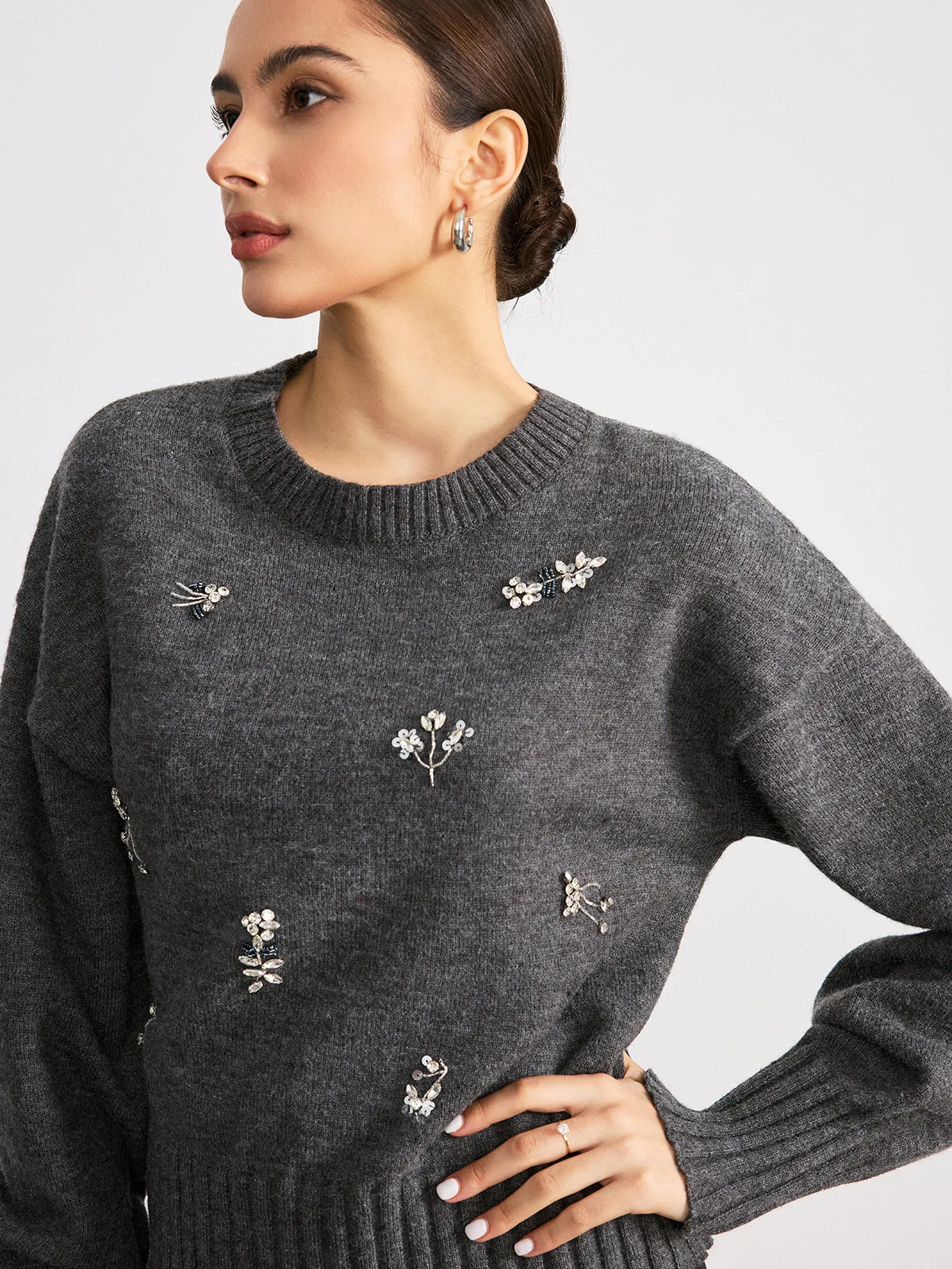 Crew Neck Sweater with Floral Crystal Embellishments sold by COMMENSE product image thumbnail 2