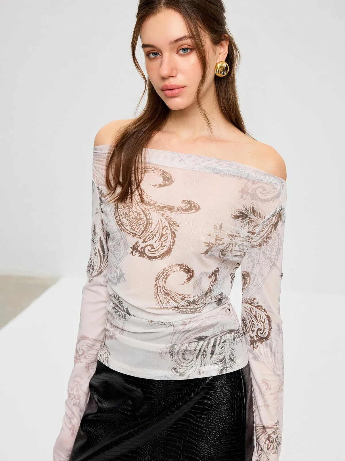 Paisley Print Off-Shoulder Sheer Mesh T-Shirt sold by COMMENSE