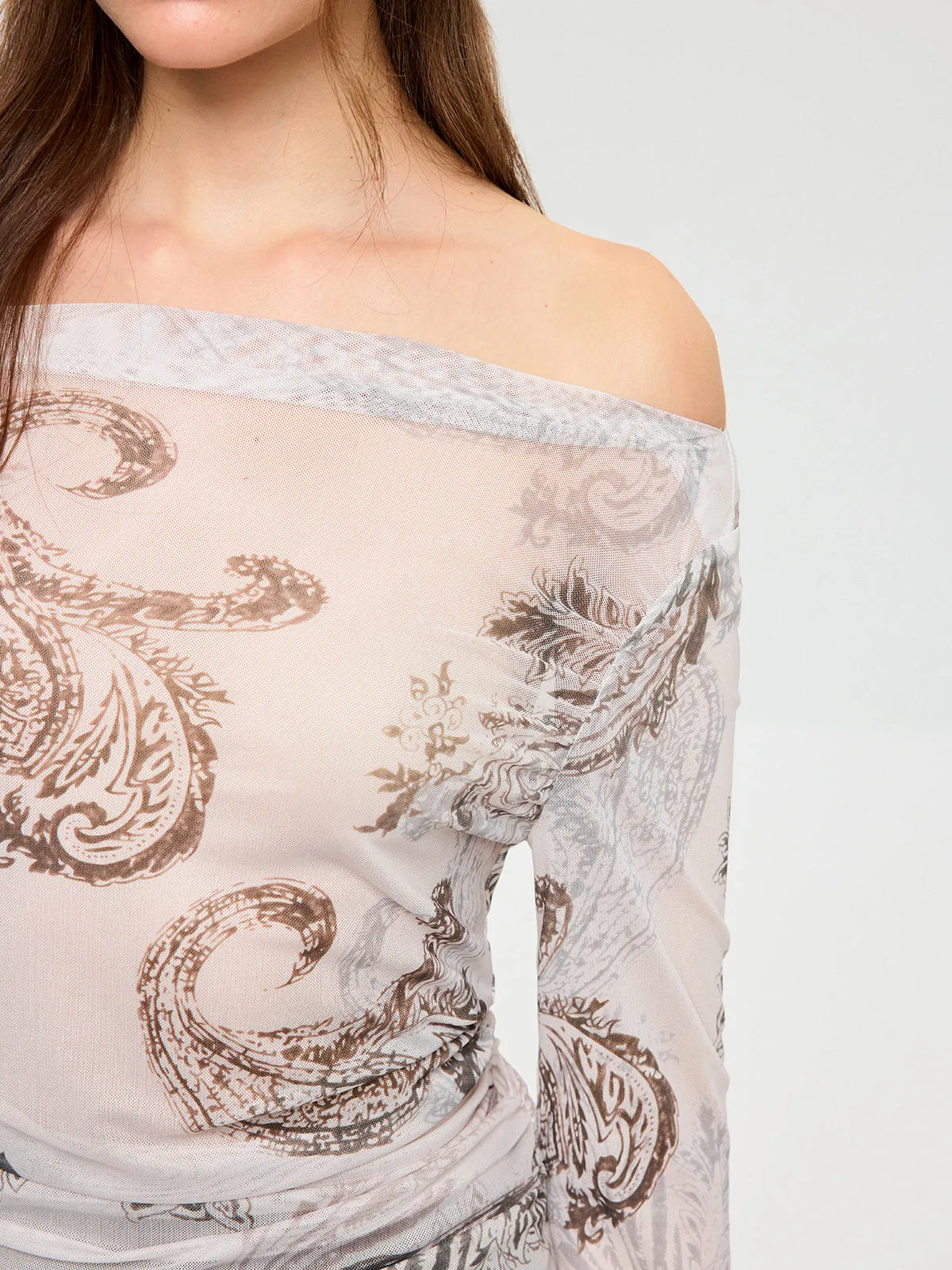 Paisley Print Off-Shoulder Sheer Mesh T-Shirt sold by COMMENSE product image thumbnail 5