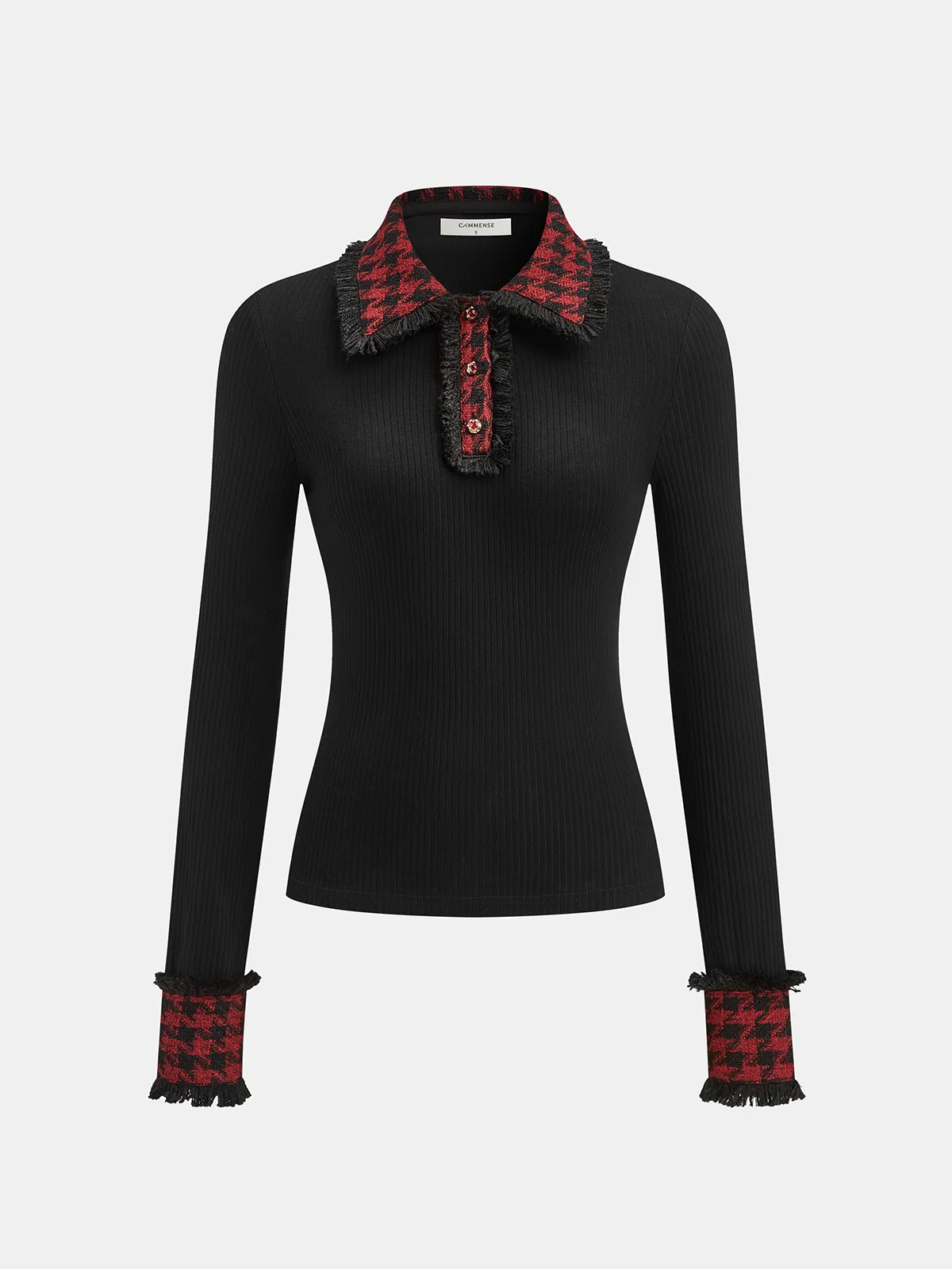 Contrast Checkered Collar Ribbed Knit Top sold by COMMENSE product image thumbnail 2