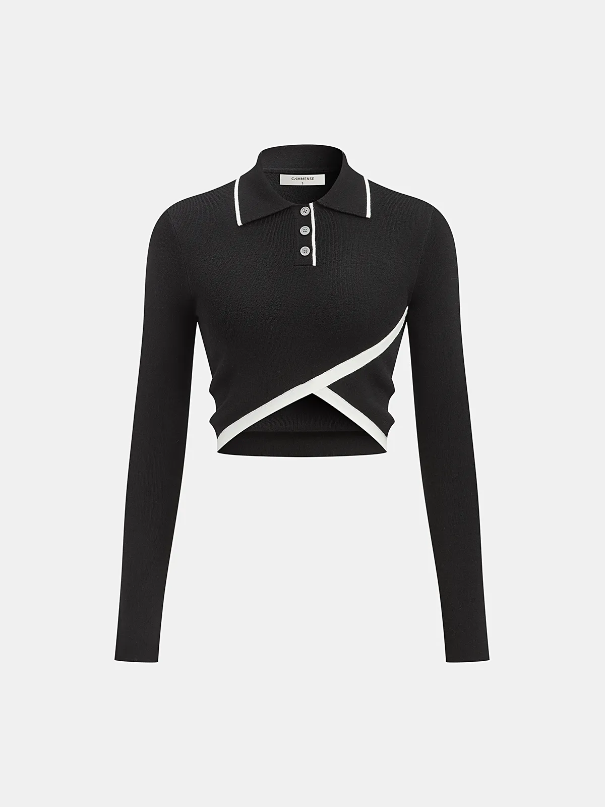 Asymmetric Contrast Trim Wool Blend Cropped Polo Top sold by COMMENSE product image thumbnail 2