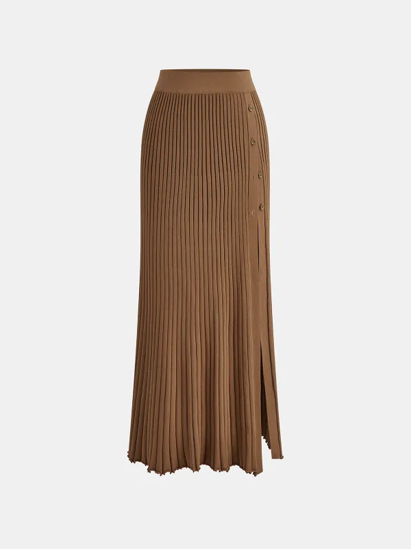 Ribbed Side Slit Button Detail Midi Skirt sold by COMMENSE