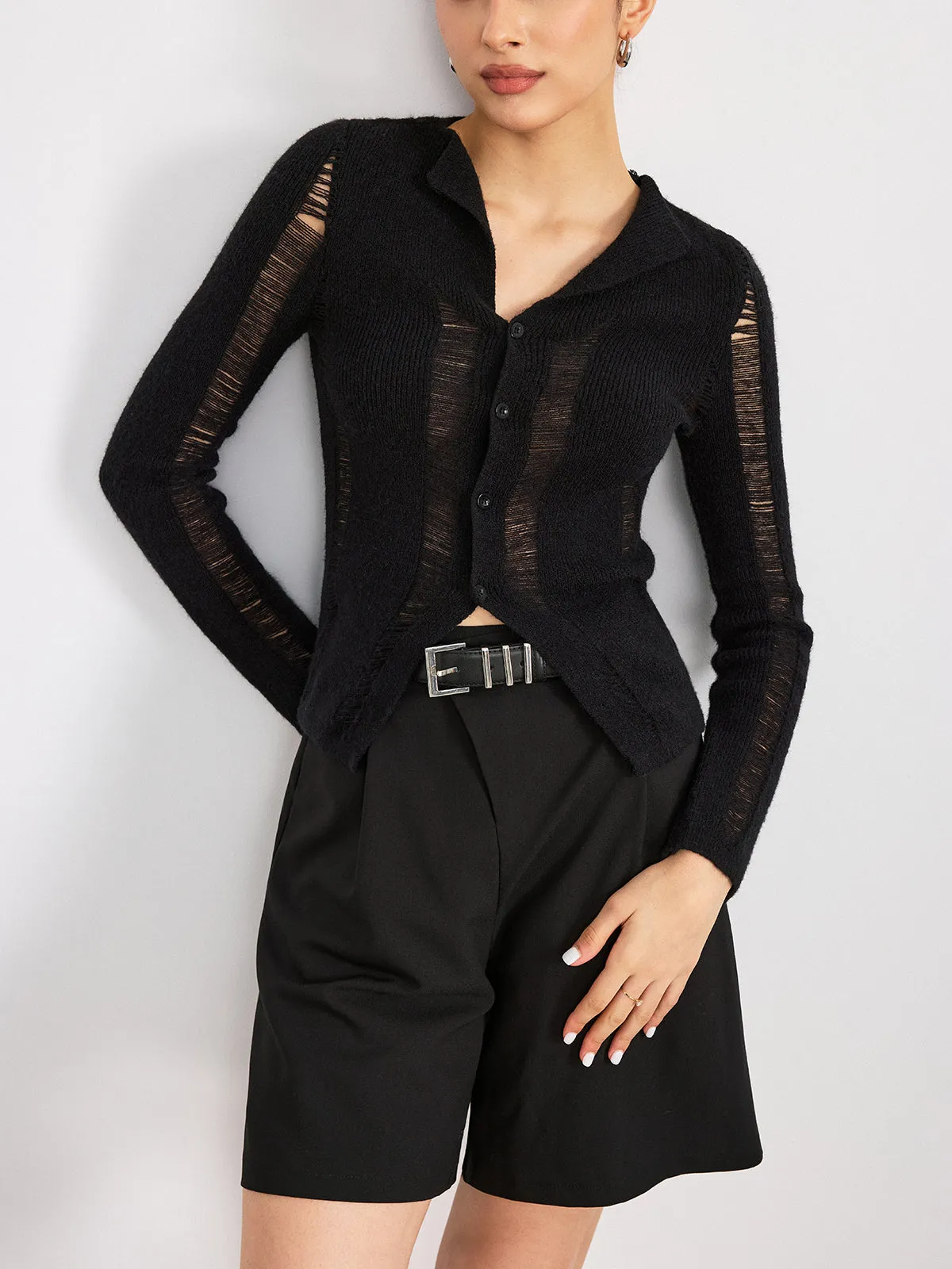 Sheer Panel Button Front Lapel Blouse sold by COMMENSE