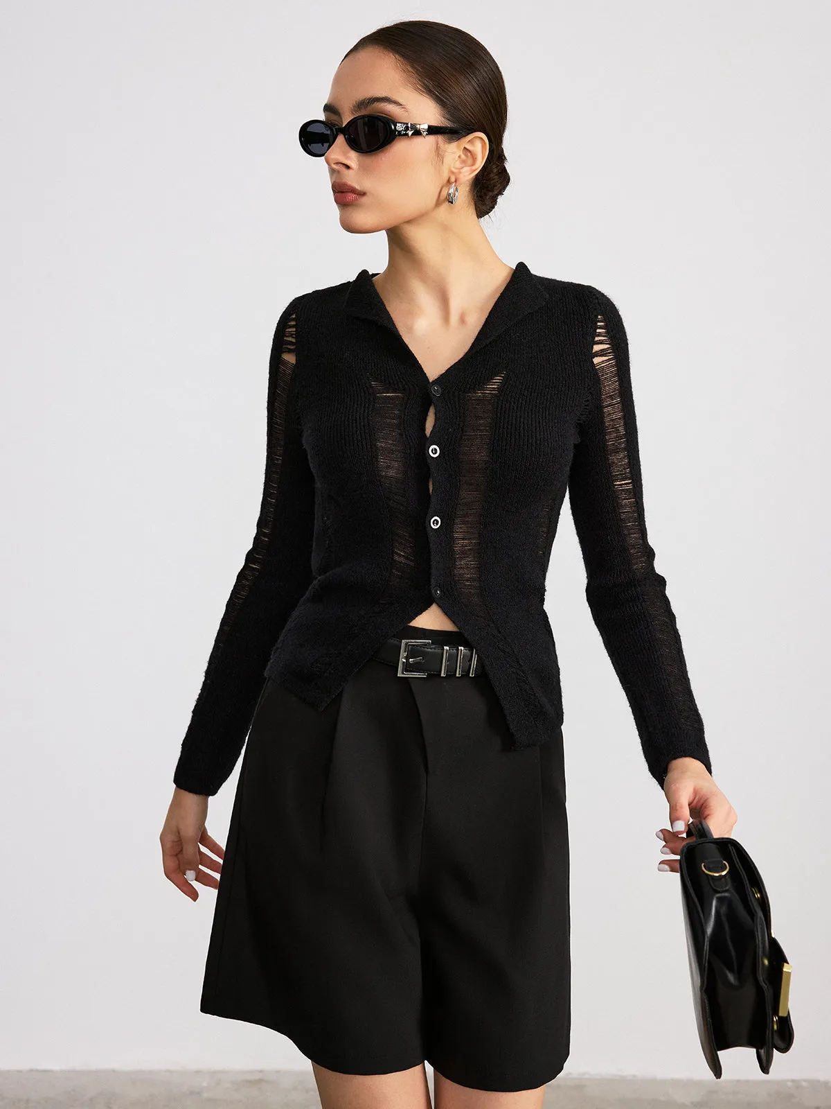 Sheer Panel Button Front Lapel Blouse sold by COMMENSE product image thumbnail 2