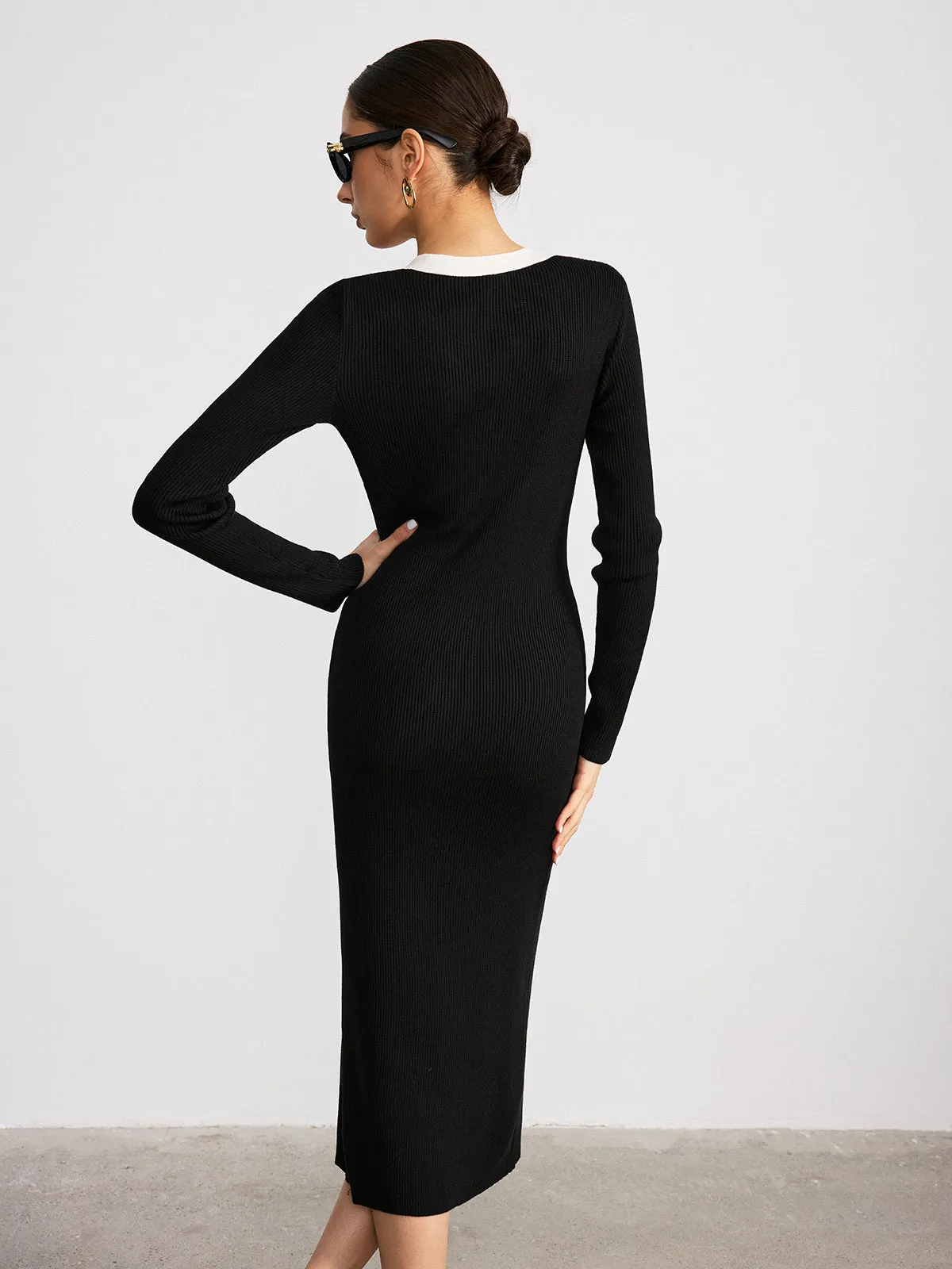 Contrast Trim V-Neck Knitted Slit Dress sold by COMMENSE product image thumbnail 4