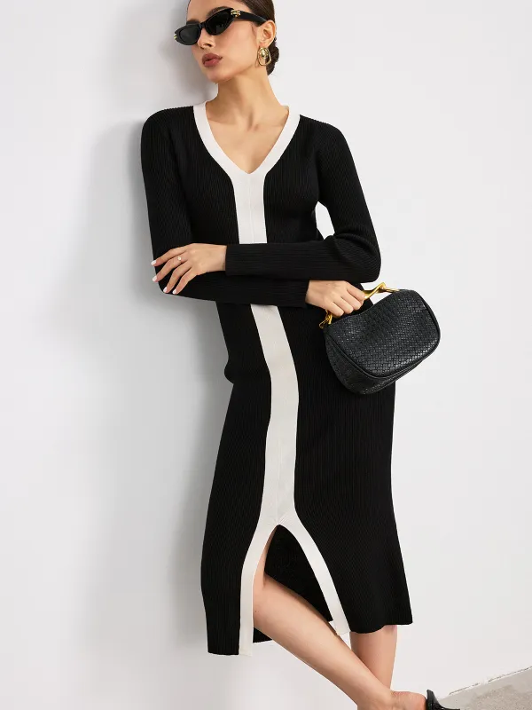Contrast Trim V-Neck Knitted Slit Dress sold by COMMENSE