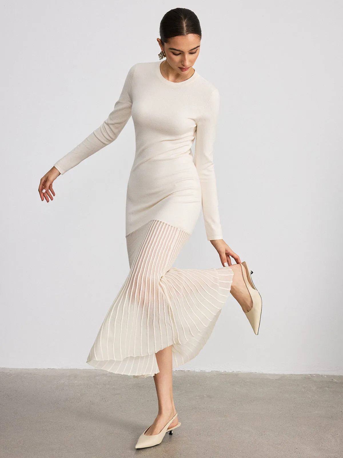 Mesh Panel Hem Long Sleeve Knit Maxi Dress sold by COMMENSE product image thumbnail 3