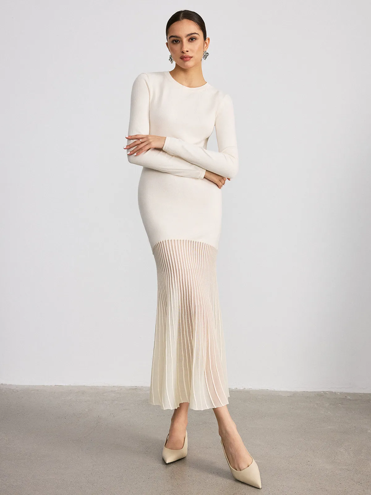 Mesh Panel Hem Long Sleeve Knit Maxi Dress sold by COMMENSE