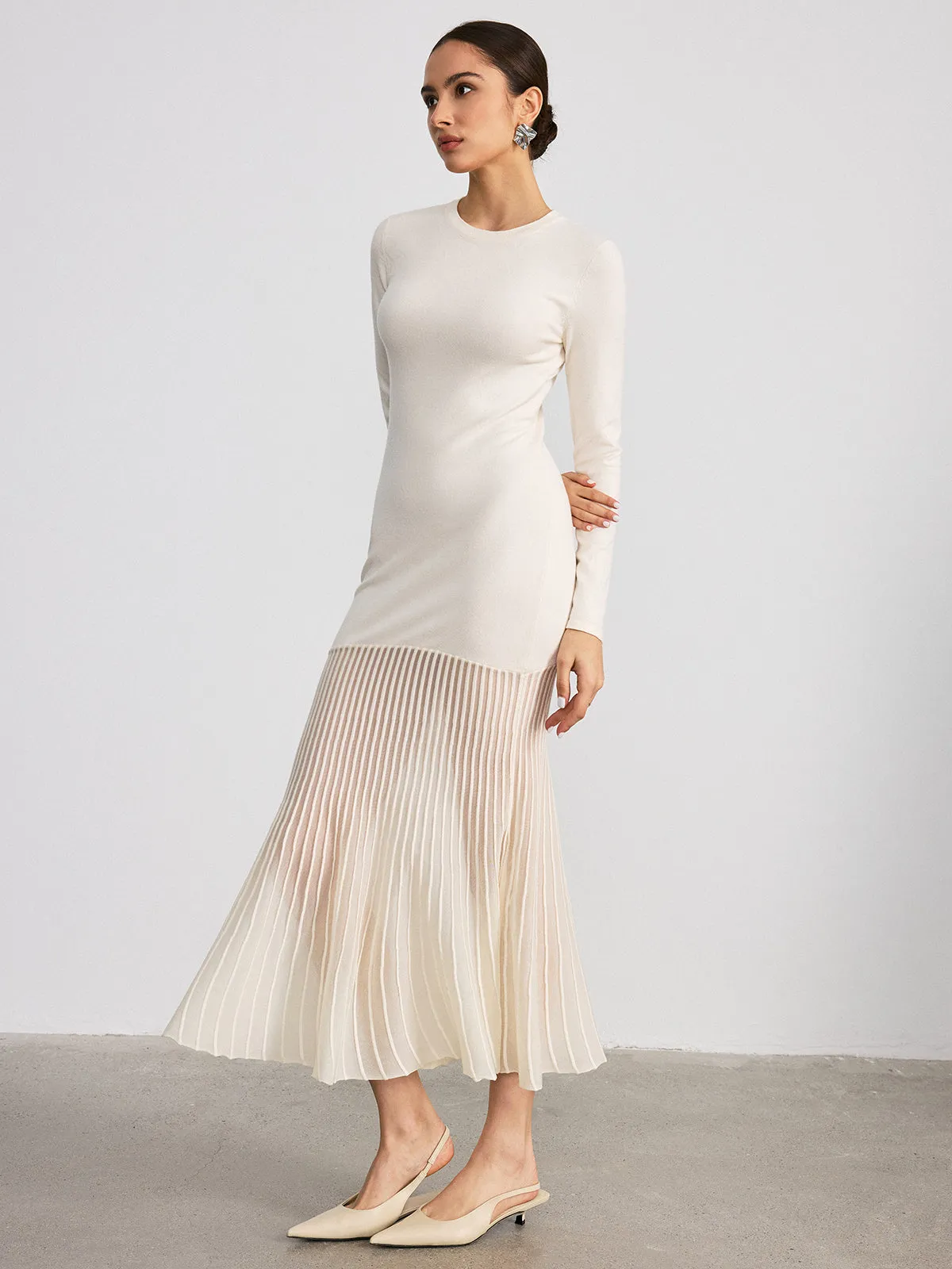 Mesh Panel Hem Long Sleeve Knit Maxi Dress sold by COMMENSE product image thumbnail 2