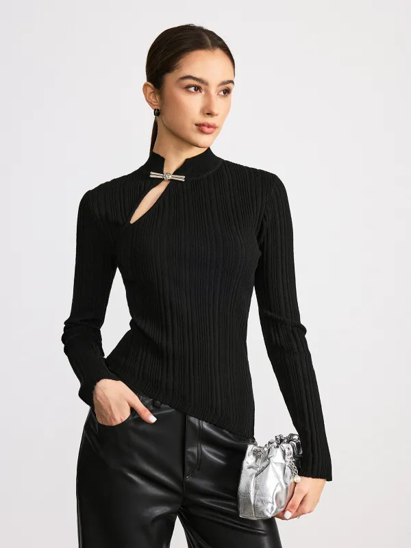 Metal Knot Detail Asymmetric Ribbed Sweater sold by COMMENSE