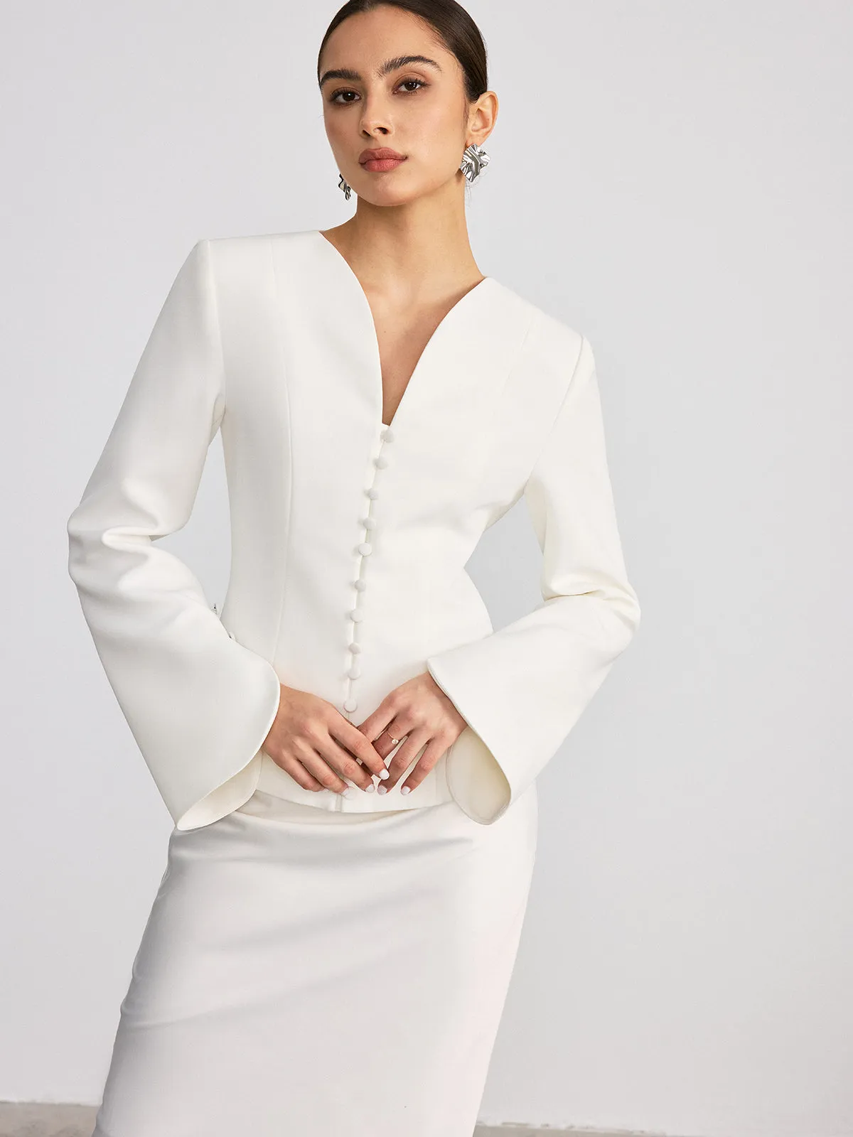 Button Front Flared Cuff Fitted Blazer sold by COMMENSE product image thumbnail 4