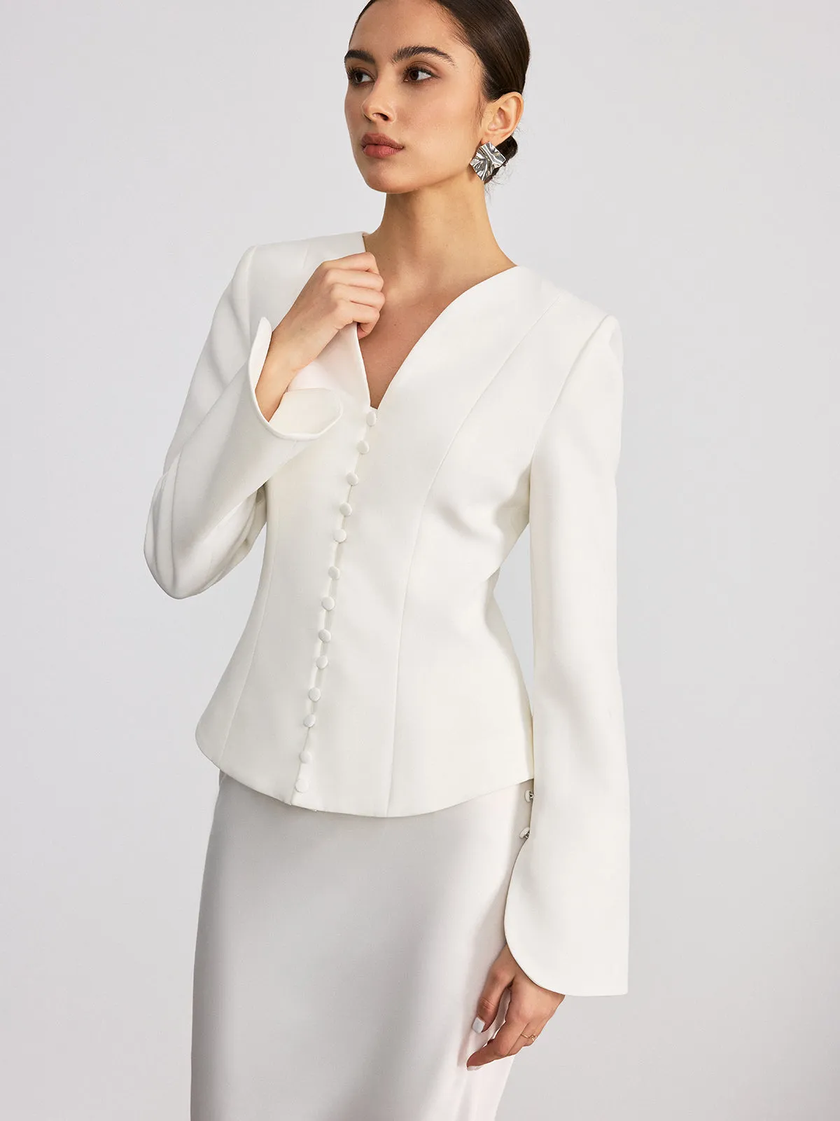 Button Front Flared Cuff Fitted Blazer sold by COMMENSE