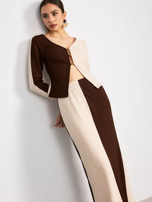 Two-Tone Waffle Knit Top and Skirt Set sold by COMMENSE
