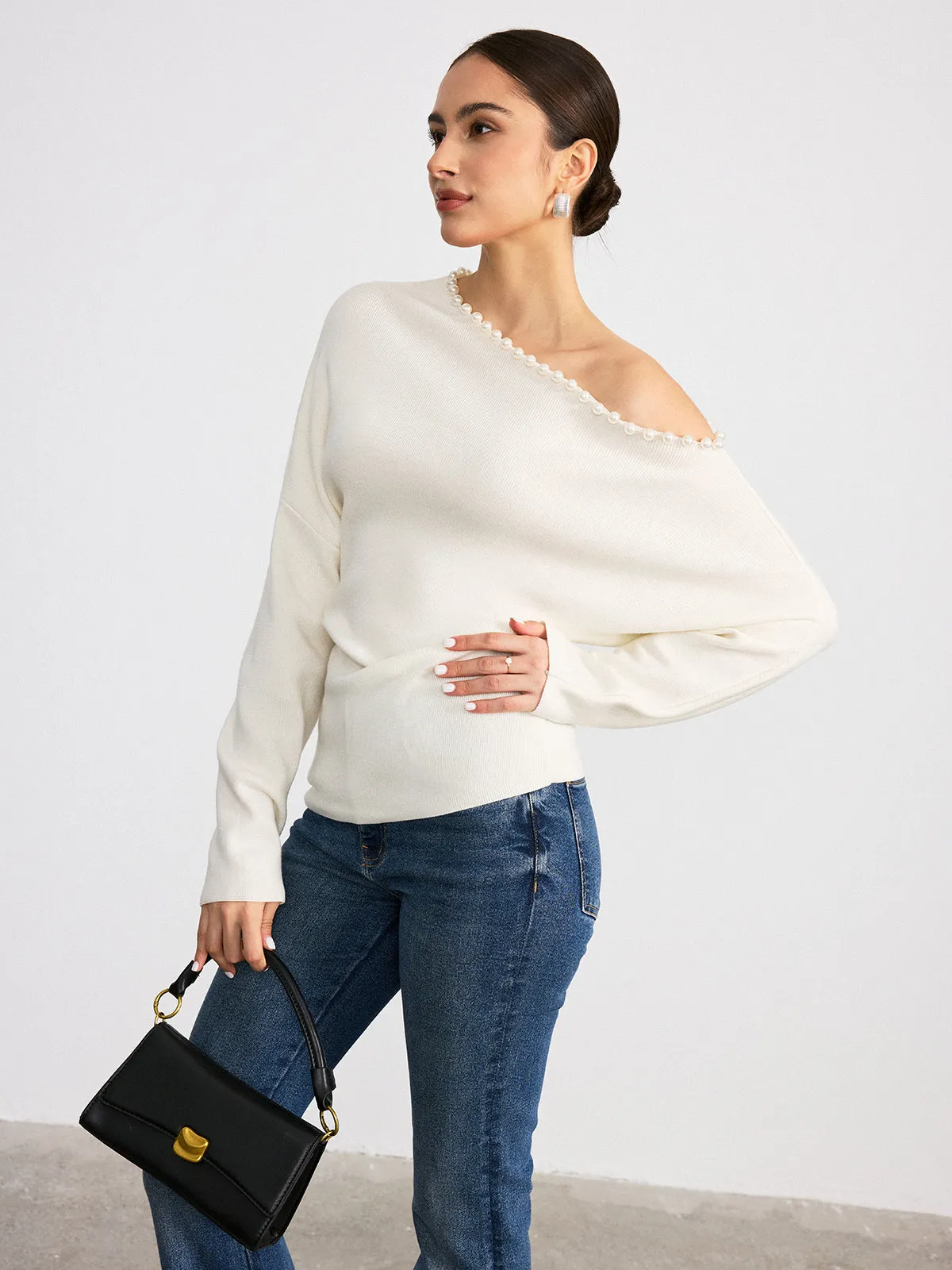 Off-Shoulder Pearl Embellished Wool Blend Sweater sold by COMMENSE product image thumbnail 4