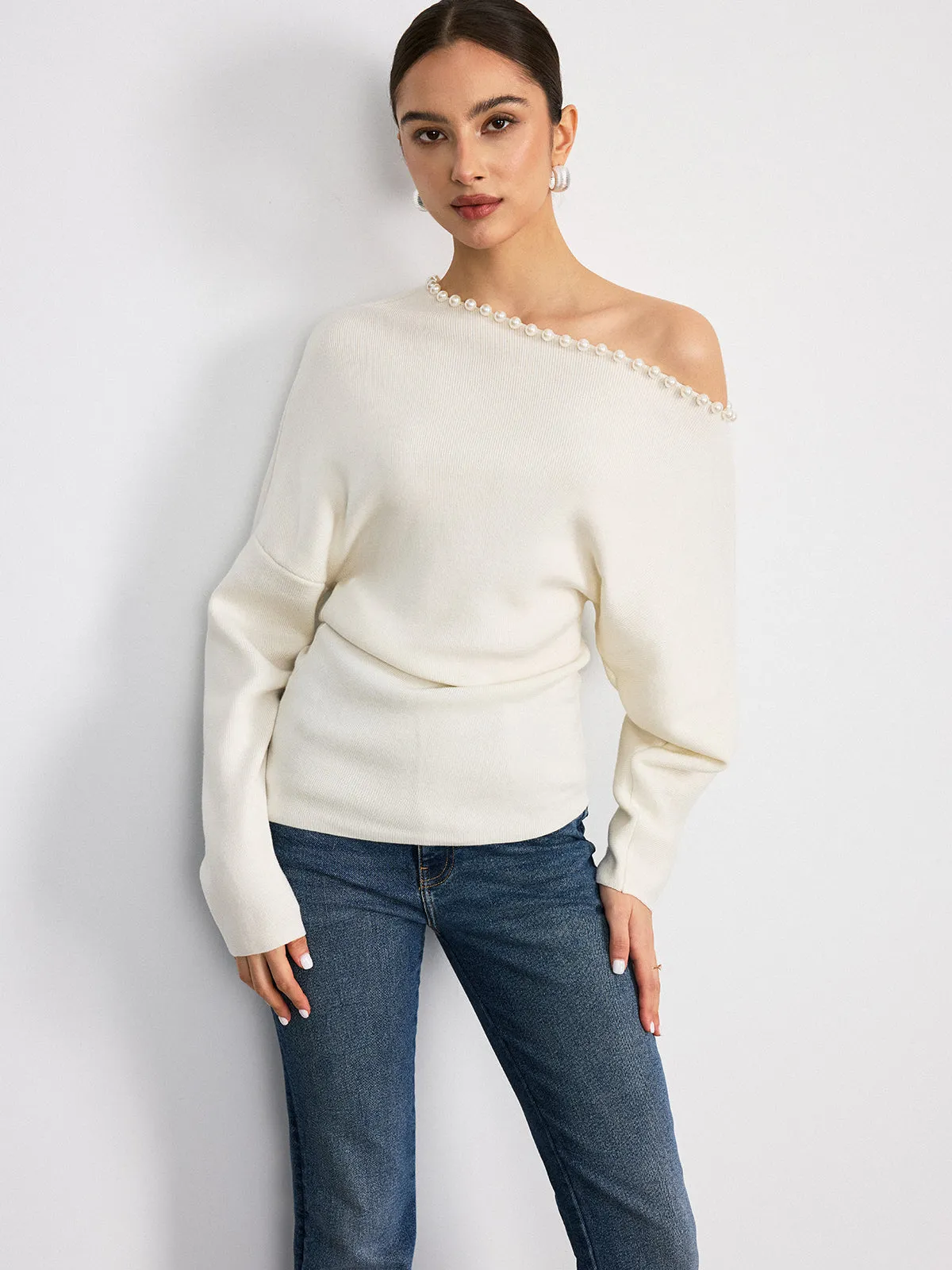 Off-Shoulder Pearl Embellished Wool Blend Sweater sold by COMMENSE