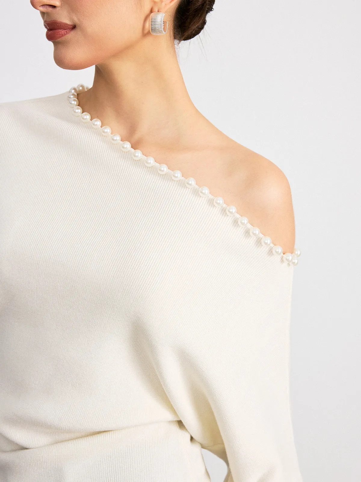 Off-Shoulder Pearl Embellished Wool Blend Sweater sold by COMMENSE product image thumbnail 5