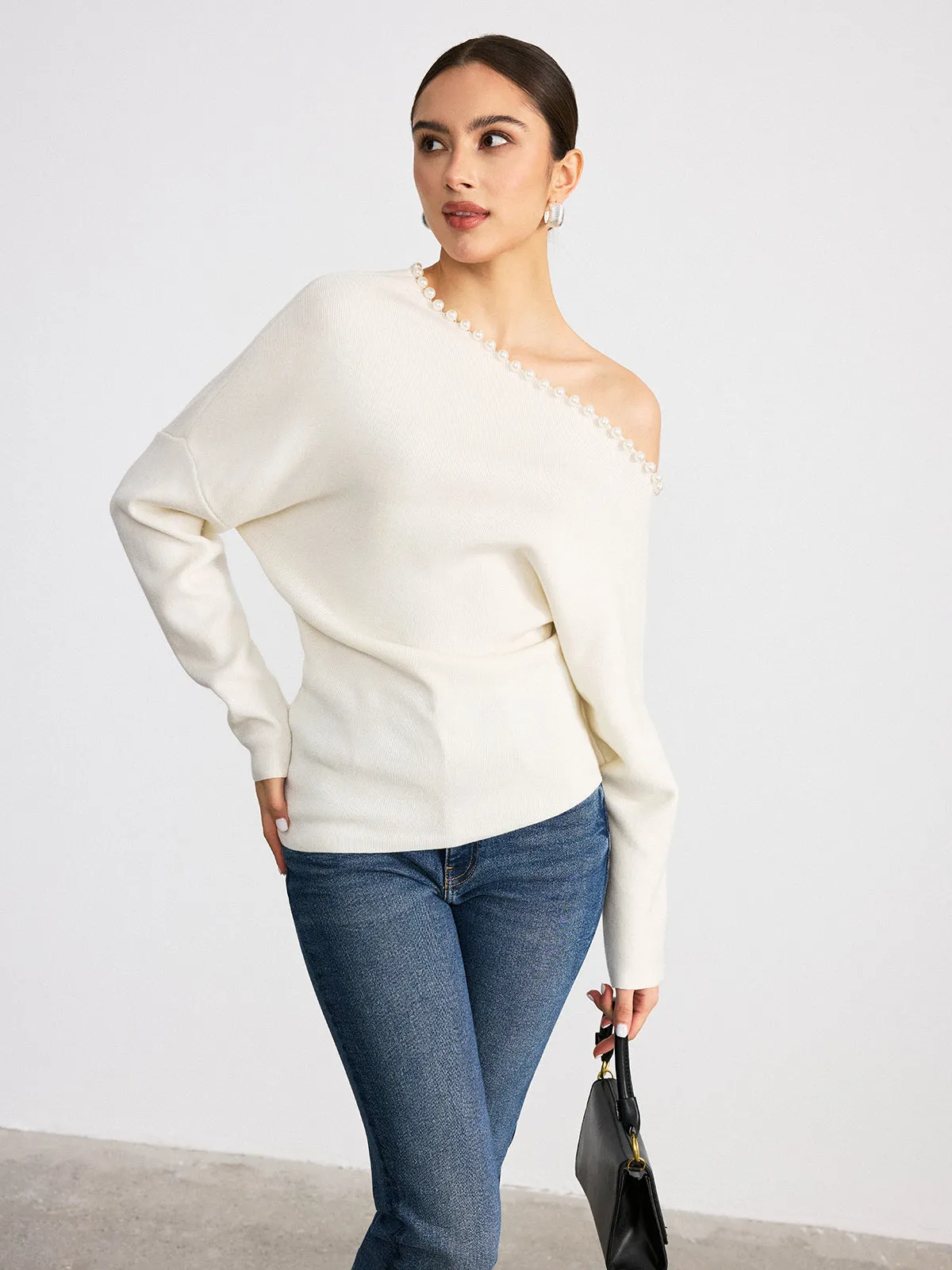 Off-Shoulder Pearl Embellished Wool Blend Sweater sold by COMMENSE product image thumbnail 2