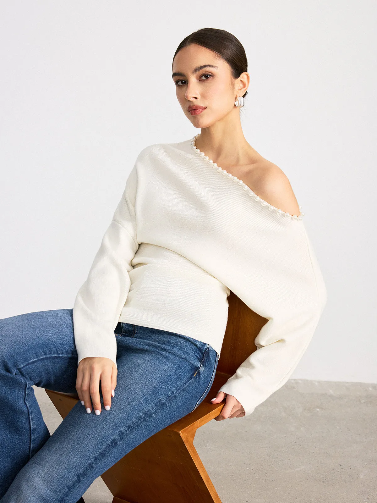 Off-Shoulder Pearl Embellished Wool Blend Sweater sold by COMMENSE product image thumbnail 3