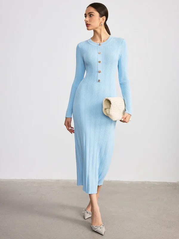 Metal Detail Ribbed Knit Maxi Dress sold by COMMENSE