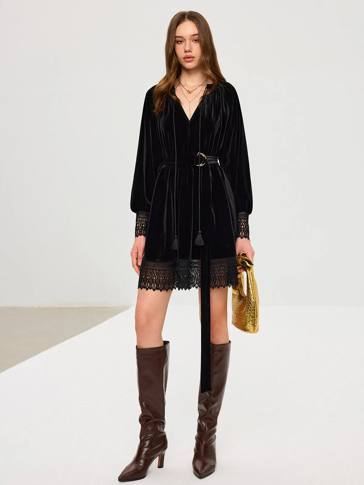 Velvet Belted Lace Trim Mini Dress sold by COMMENSE product image thumbnail 4