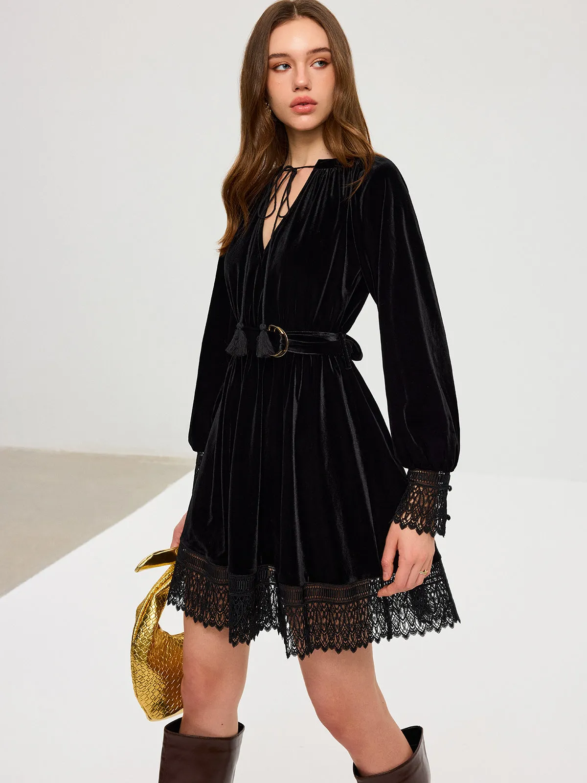 Velvet Belted Lace Trim Mini Dress sold by COMMENSE