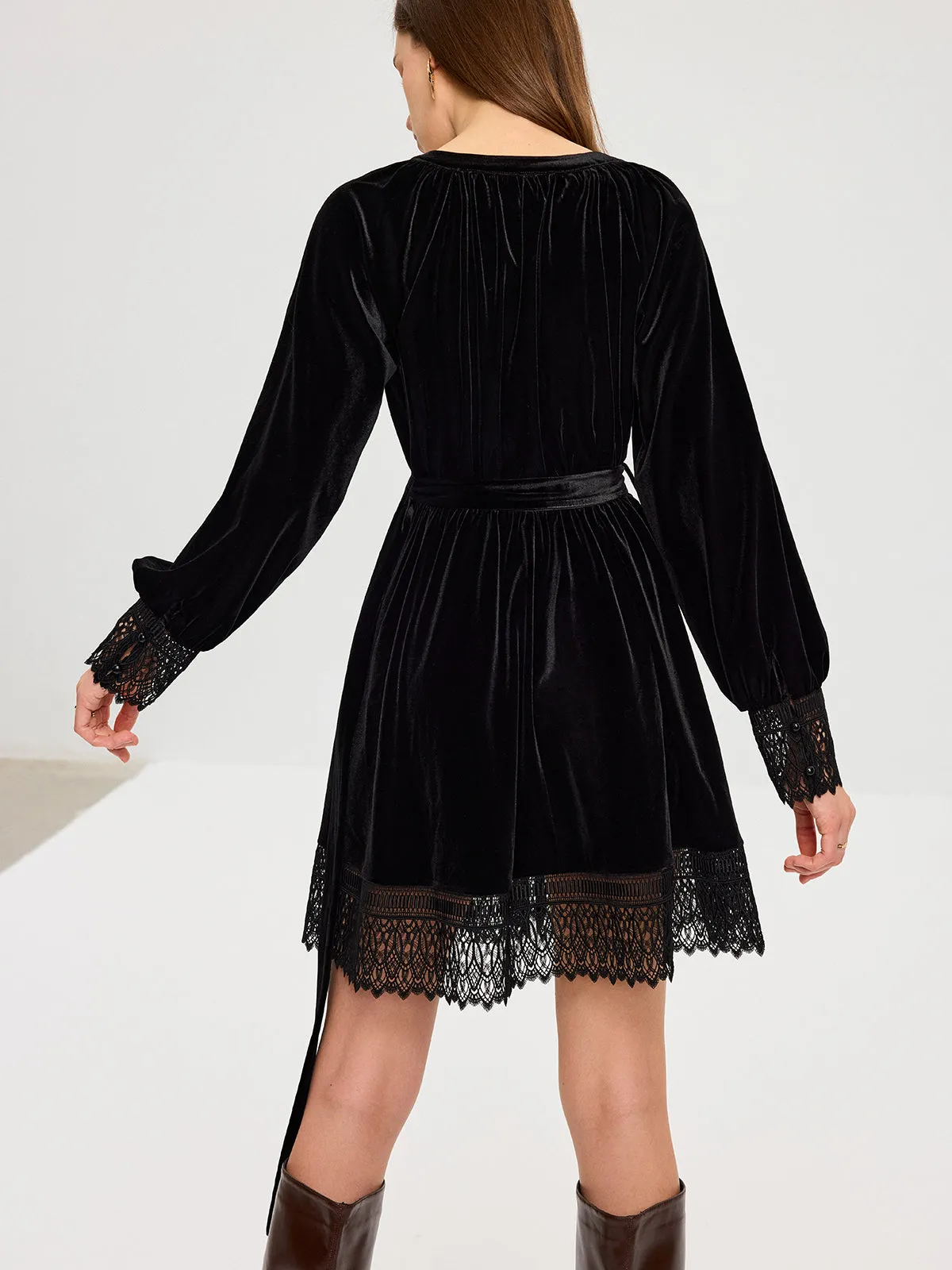 Velvet Belted Lace Trim Mini Dress sold by COMMENSE product image thumbnail 5